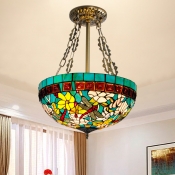 3 Heads Living Room Semi Flush Mount Light Tiffany Blue Ceiling Lamp with Dome Stained Glass Shade
