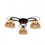 Yellow Dome Semi Flush Mount Fixture Tiffany 3/7/9 Heads Stained Glass Ceiling Lighting