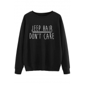 Cool Street Long Sleeve Round Neck Letter JEEP HAIR DON'T CARE Print Loose Fit Plain Sweatshirt for Female