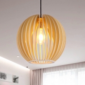 Chinese 1 Head Hanging Lamp Beige Globe Ceiling Pendant Light with Wood Shade