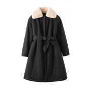Black Classic Long Sleeve Lapel Collar Bow Tie Waist Button Sherpa Patched Plus Size Midi Parka Coat for Women