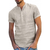 Mens Leisure Plain Short Sleeve Button Front Regular Fit Linen Shirt Top