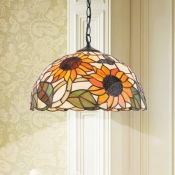 Flower Pendulum Light Victorian Stained Art Glass 1 Light Orange/White/Pink Suspension Pendant for Kitchen
