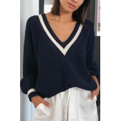 Chic Women's Balloon Sleeve Deep V-Neck Contrasted Piped Chunky-Knit Baggy Pullover Sweater in Royal Blue