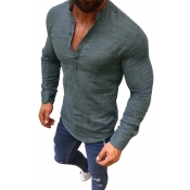 Mens Casual Fashion Long Sleeve Button Front Slim Fitted Solid Color Linen Shirt