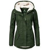 Female Winter Basic Plain Long Sleeve Hooded Button Zip Down Shearling Lined Fitted Thick Coat