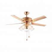 5 Lights Flared Ceiling Fan Lamp Traditional Rose Gold Ivory Glass Semi Flush Chandelier, Pull Chain/Remote Control