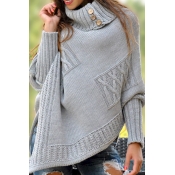 Unique Street Girls' Batwing Sleeve Turtleneck Button Detail Geo Print Asymmetric Oversize Plain Pullover Cocoon Sweater