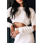 Ladies Fashion Plain Cutout Long Sleeve Crop Top with Ribbed Midi Skirt Two Piece Set