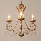 3/6 Lights Chandelier Pendant Light Vintage Candle Faceted Crystal Suspension Lamp in Gold