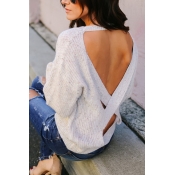Chic Fashion Girls' Long Sleeve Crew Neck Hollow Out Back Boxy Chunky Knit Pullover Sweater in Apricot