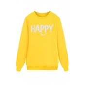 Yellow Leisure Cute Long Sleeve Crew Neck Letter HAPPY Print Boxy Pullover Sweatshirt for Girls