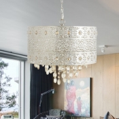 4-Bulb Dining Room Chandelier Lighting Contemporary Nickle Pendant Light Fixture with Drum Beveled Crystal Shade
