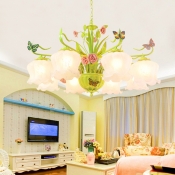 Milk Glass Bloom Chandelier Lamp Traditional 8 Heads Living Room Pendant Light Fixture in Green with Butterfly Decor