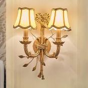 Vintage Empire Shade Wall Sconce 2 Lights Fabric Wall Mounted Lighting with Curved Brass Metal Arm