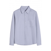 Grey Formal Long Sleeve Lapel Collar Button Front Pocket Patched Relaxed Shirt for Female