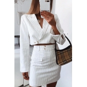Ladies Graceful Stripe Print Long Sleeve Tied Cuff Crop Blazer with Mini A-Line Skirt Co-ords