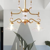 Clear Glass Gold Pendant Chandelier Flared 2 Lights Traditionalism Ceiling Hang Fixture with Dangling Crystal Accent