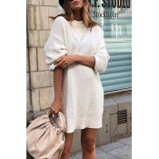 Fashion Ladies' Street Long Sleeve Mock Neck Oversize Midi Open Knit Pullover Sweater Dress in White