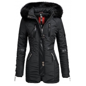 Casual Black Long Sleeve Hooded Zip Decoration Pockets Side Leather Patched Sherpa Trim Midi Fitted Puffer Coat for Women