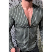 Mens New Trendy Stripe Printed V-Neck Long Sleeve Slim Fit Button Up Shirt Top