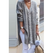 Plain Casual Long Sleeve Deep V-Neck Slit Side Cable Chunky Knit Baggy Midi Pullover Sweater for Women