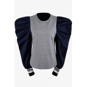 Ladies Designer Contrast Puff Long Sleeve Zip Back Gray and Navy Fitted Sweatshirt
