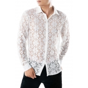 New Arrival Plain White Floral Printed Long Sleeve Button Up Sheer Lace Shirt