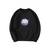 Creative Letter NASA Galaxy Starry Sky Print Round Neck Long Sleeves Baggy Pullover Sweatshirt