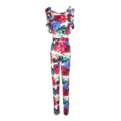 Pretty Ladies' Ruffle Sleeve Round Neck Floral Pattern Full Length Slim Fit Straight Jumpsuits in White