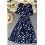 Gorgeous Girls' Short Sleeve V-Neck All Over Floral Printed Tied Waist Maxi Pleated A-Line Dress
