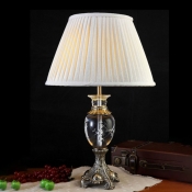 1 Bulb Crystal Night Light Antique Beige Urn Shape Bedroom Table Lamp with Metal Carved Base