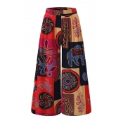 Ethnic Women's Elastic Waist Floral Pattern Full Length Wide-Leg Trousers in Orange