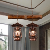 Vintage Kerosene Island Lamp 2 Lights Clear Glass Ceiling Light in Red Brown for Dining Room