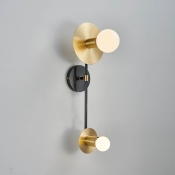 2 Bulbs Round Wall Lighting Modernist Metal Sconce Light Fixture in Gold with White Glass Shade