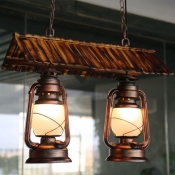 Dark Brown Lantern Pendant Lighting Fixture Retro Opal Glass 2 Lights Living Room Island Lamp