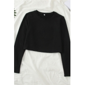 Girls Simple Plain Round Neck Long Sleeves Thin Loose Cropped T-Shirt
