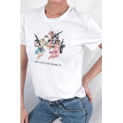Fashion Girls Short Sleeve Crew Neck Angle Print Letter YOU CNA'T SIT WITH US Relaxed Tee Top in White