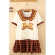 Lovely Girls Short Sleeve Peter Pan Collar Bear Graphic Checkered Panel Mini Pleated A-Line T Shirt Dress in White