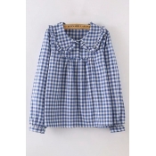 ute Trendy Blue Long Sleeve Peter Pan Collar Button Up Checker Printed Stringy Selvedge Relaxed Shirt for Girls