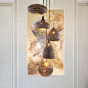5 Lights Hollow Cluster Pendant Light Arabic Black/Silver/Brass Metal Hanging Lamp for Restaurant