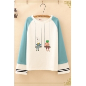 Fantastic Womens Long Sleeve Round Neck Cartoon Rabbit Frog Patterned Varsity Stripe Colorblock Relaxed Tee
