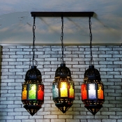 Black 3 Heads Multi Light Pendant Vintage Metal Lantern Ceiling Lamp for Restaurant