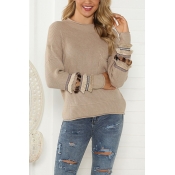 Unique Women's Fashion Long Sleeve Crew Neck Fringe Trim Rolled Edge Loose Fit Pullover Sweater