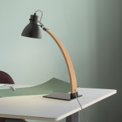 Metal Dome Desk Light Modern 1 Head Black/White Night Table Lamp with Curved Beige Wood Arm