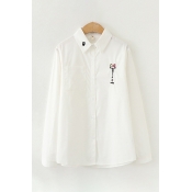 Popular Long Sleeve Lapel Collar MIAO Letter Cat Fishbone Embroidery Button Down Relaxed Shirt for Girls
