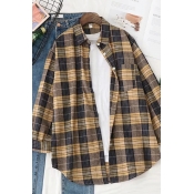 Classic Preppy Girls Roll-Up Sleeves Lapel Collar Button Down Checkered Pattern Curved Hem Loose Shirt