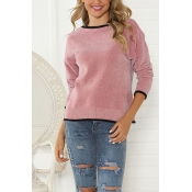 Fashionable Women's Pink Long Sleeve Crew Neck Contrast Piped Knitted Relaxed Fit Pullover Sweater