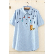 Lovely Girls Short Sleeve Lapel Collar Button Up Cartoon Cat Embroidery Striped Curved Hem Relaxed T Shirt