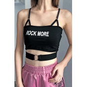 Stylish Black Sleeveless Letter ROCK MORE Print O-Ring Detail Cut Out Fit Crop Cami Top for Girls